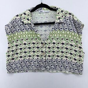 Zara Womens Large Green Navy Geometric Floral Gauze Cropped Sleeveless Shirt Top